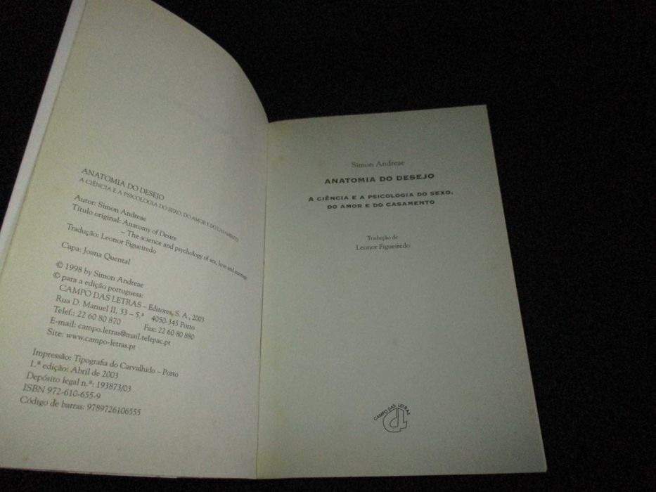 Livro Anatomia do Desejo Simon Andreae 1ª edição 2003