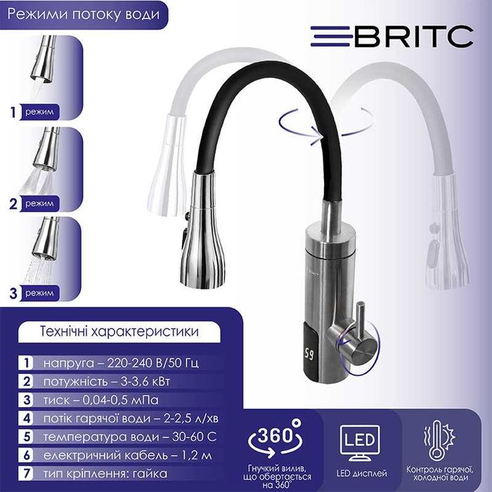 Водонагрівач Britc з дисплеєм, гнучким виливом, дворежимний, 3 кВт