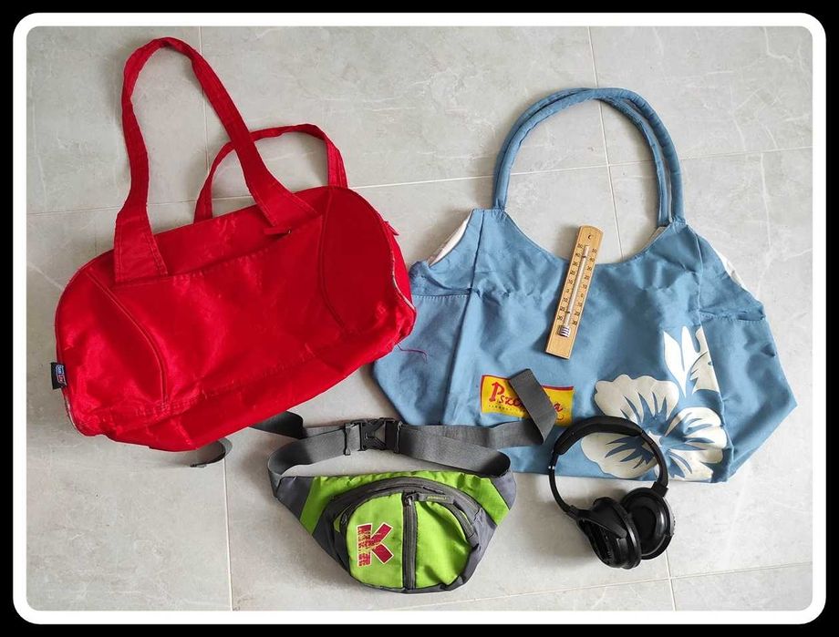 Zestaw toreb: torba podróżna x2, saszetka nerka, słuchawki