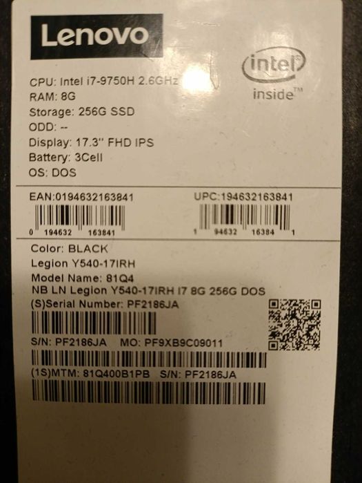 Laptop LENOVO LEGION Y540-17IRH 16GB RAM  GTX1660TI Windows