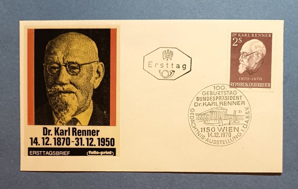 FDC 100. rocznica urodzin Karla Rennera. Znaczek i zdjęcie