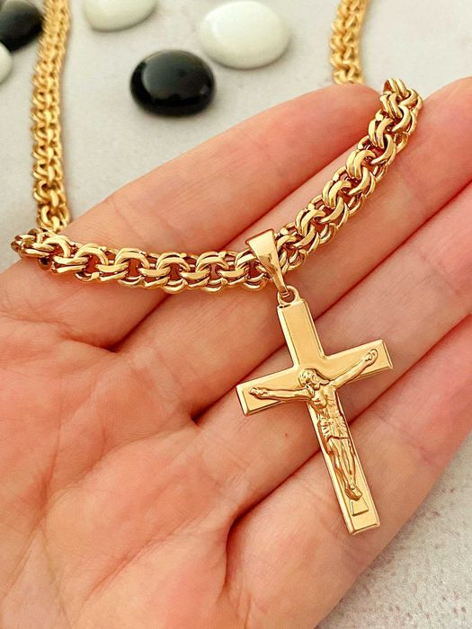 Позолоченная Цепочка "Плетение Бисмарк" + Крестик, Цепь. Позолота