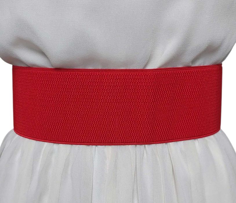 Elastyczny czerwony szeroki pasek damski z grafitowa klamrą
