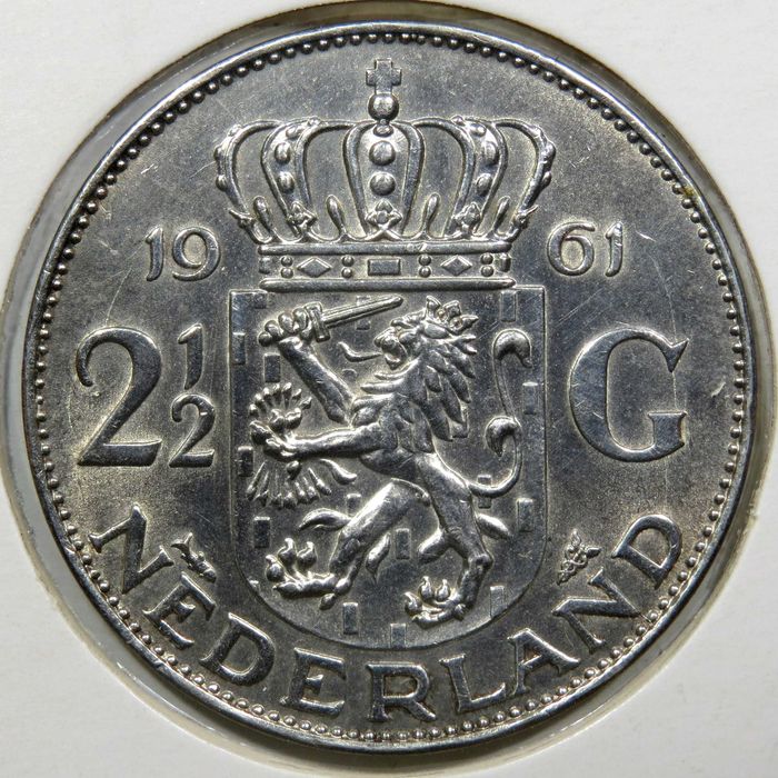 HOLANDA - Moeda em Prata. 2 1/2 GULDEN – Rainha WILHELMINA / 1961