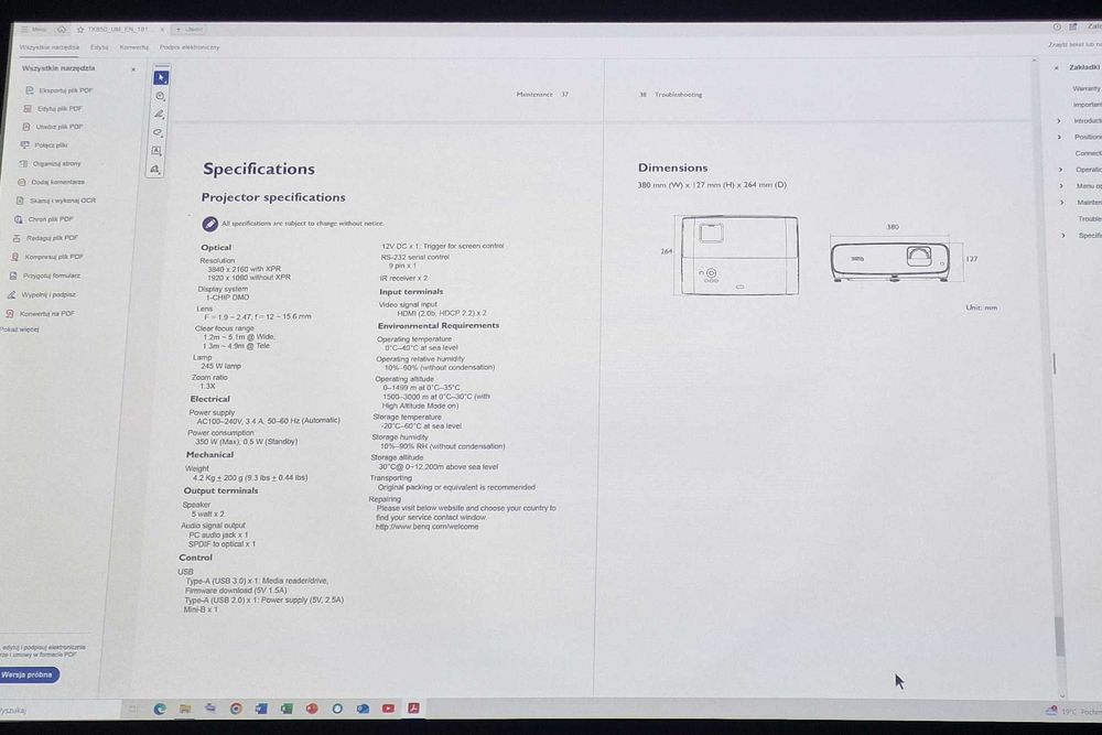 BenQ TK850 projektor, rzutnik,  4 k HDR zestaw z ekran elektr. 110"