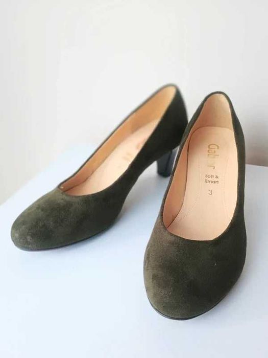 Buty na obcasie Gabor khaki oliwkowe niski obcas 35,5 zamszowe skóra