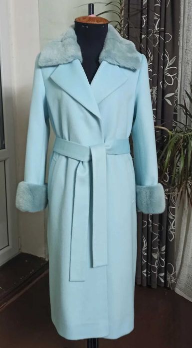 Пальто кашемир шерсть с норкой 46-52 р. Цвет Тиффани