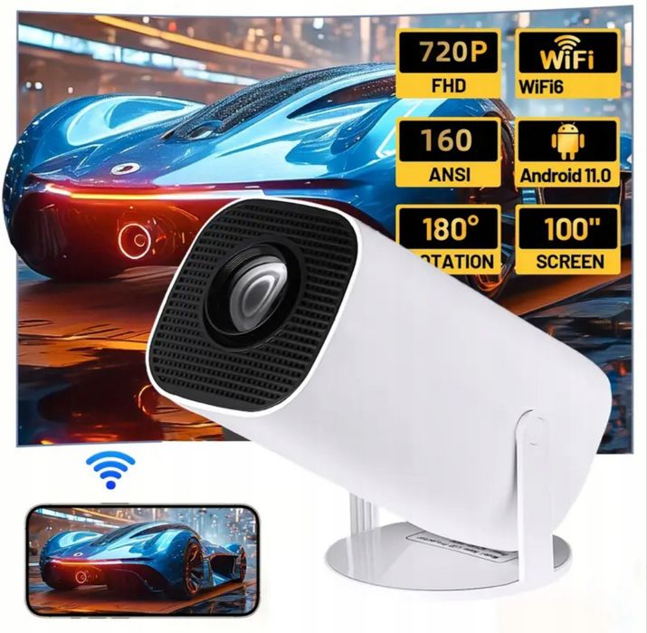 NOWY Mini Projektor LED Android 11 WiFi6 Bluetooth 180° Obrotowy