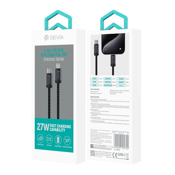 Devia kabel Gracious EC645 PD USB-C - Lightning 1,0 m 27W 3A czarny