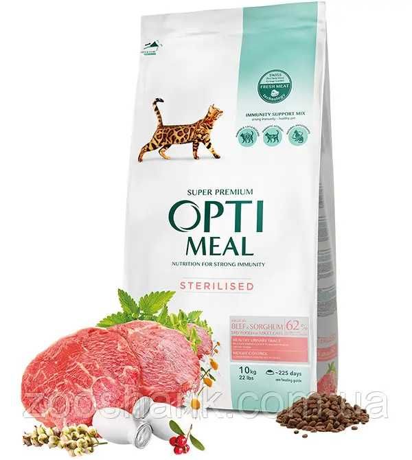 Optimeal Sterilised | Корм для стерилізованих котів Оптимил 10кг з яловичиною-сорго, з індичкою, з тріскою, з телятиною, з куркою, з ягням