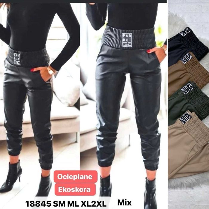 Spodnie joggery ekoskóra ocieplane butelkowa zieleń Miego M/L