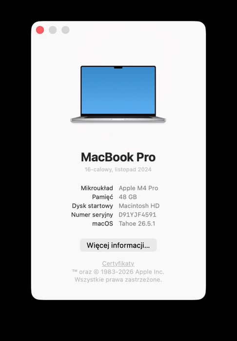 Macbook Pro 16” M4 Pro 48GB/512GB Srebrny 22 cykle, A3403