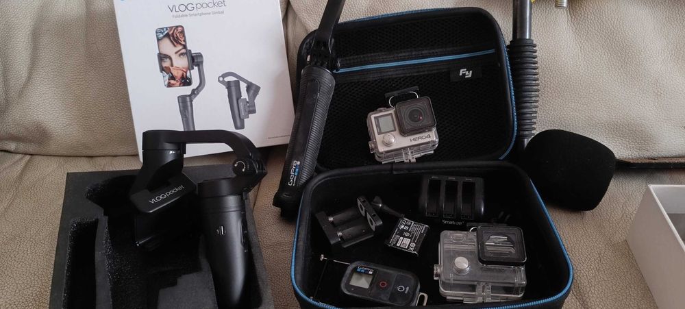 Conjunto de equipamento de filmagem. GoPro Hero 4 Plus, gimbals e acessórios