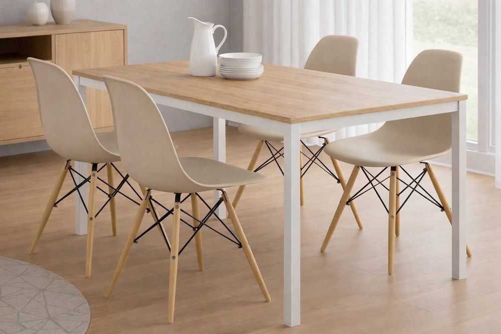 NOWY Stół z Krzesłami do Salonu Kuchni Jadalni Biały Drewniany Loft FV