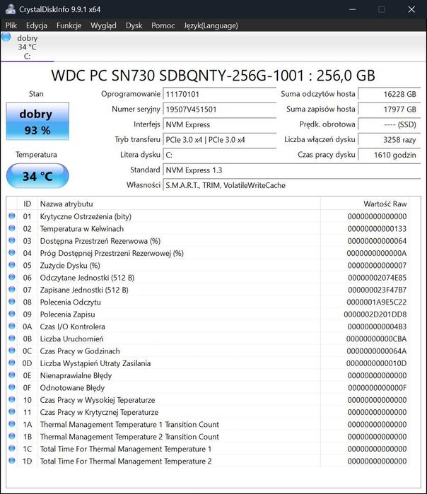 dysk SSD WD PC SN730 256GB w formacie M.2 2280 NVMe
