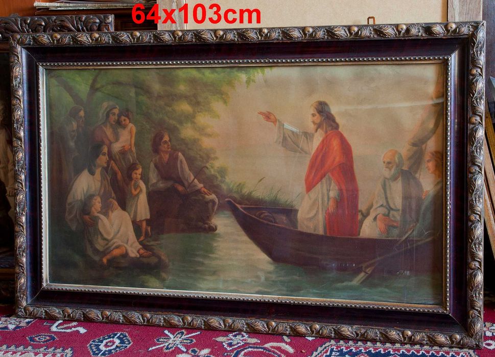 Piękny stary duży obraz święty religijny 64x103cm Pan Jezus naucza na łodzi