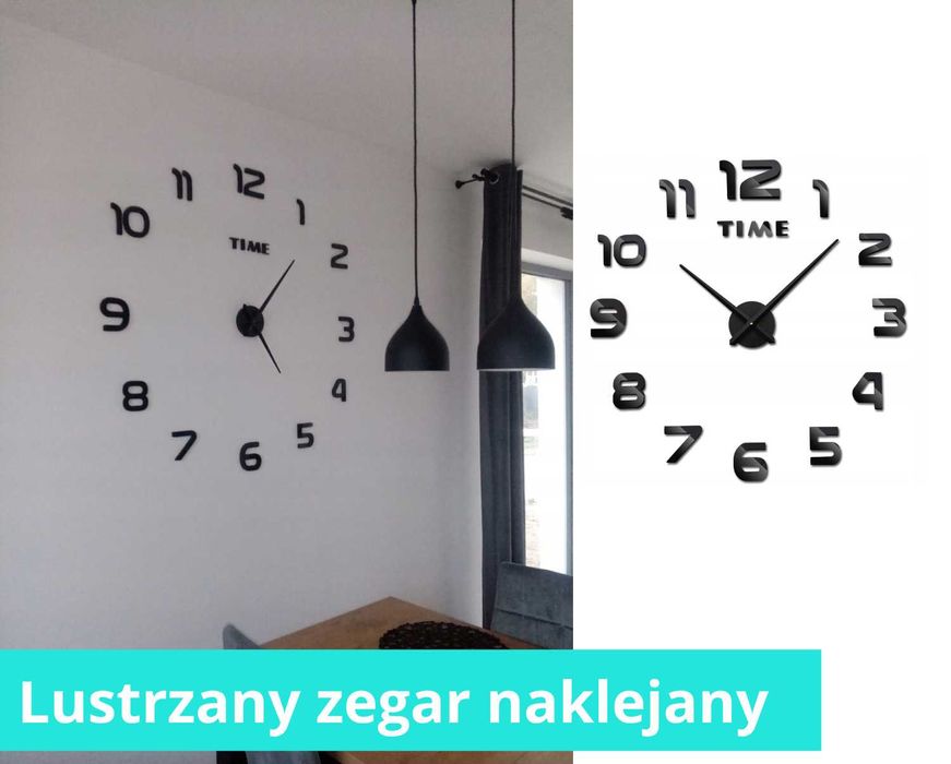 NOWY duży zegar ścienny naklejany cichy czarny połysk do salonu loft
