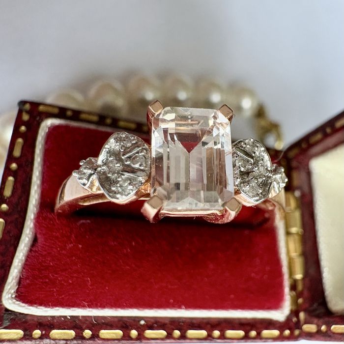 Retro Złoty pierścionek 9k diamenty 0,15 ct brylanty topaz duży R17