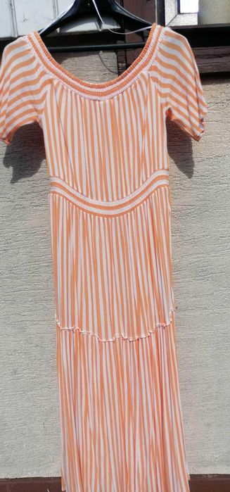 Długa letnia sukienka w paski, carmen, maxi 40/42