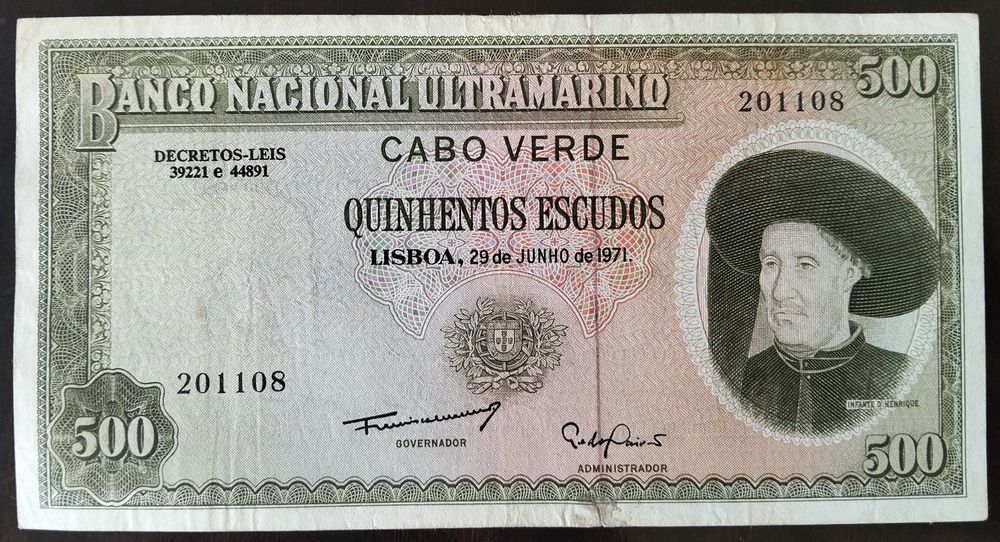Nota 500$ 1971 Cabo Verde Infante D. Henrique Excelente Estado Rara