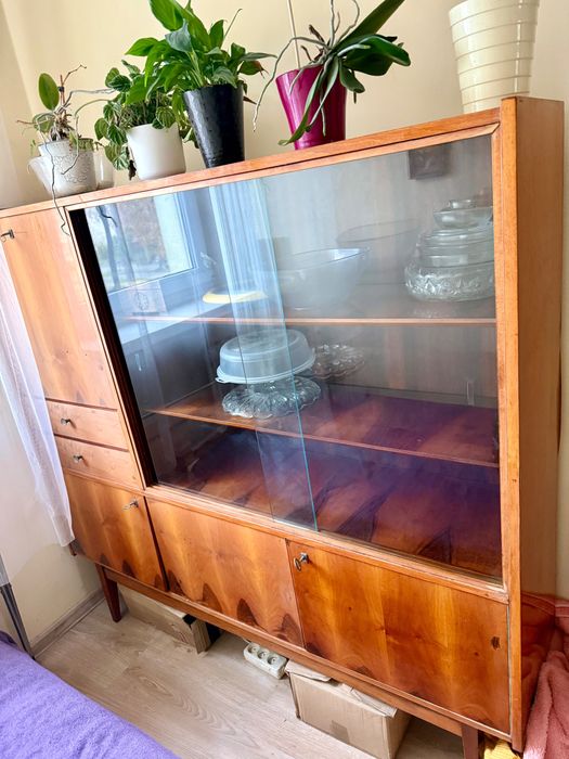 Zestaw mebli PRL – szafa x2, komoda, biblioteczka, lata 60/70