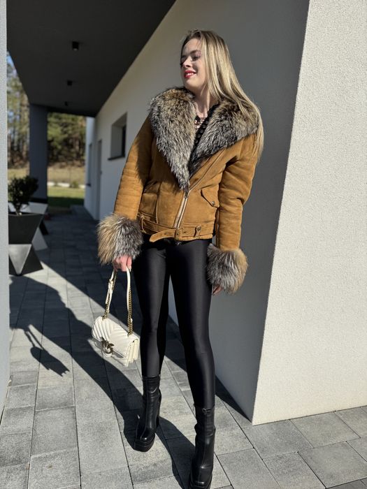 Kożuch naturalny skóra owcza 3D Z lisa rudego  s/m futro ocieplany