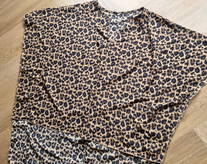 Damska długa bluzka tunika w panterkę elegancka rękawy nietoperze