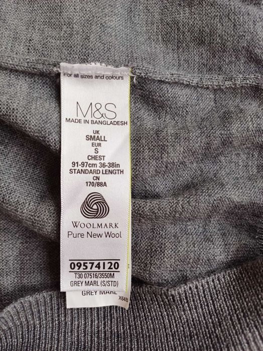 Cienki męski sweter v-neck z wełny merino rozm. S szary