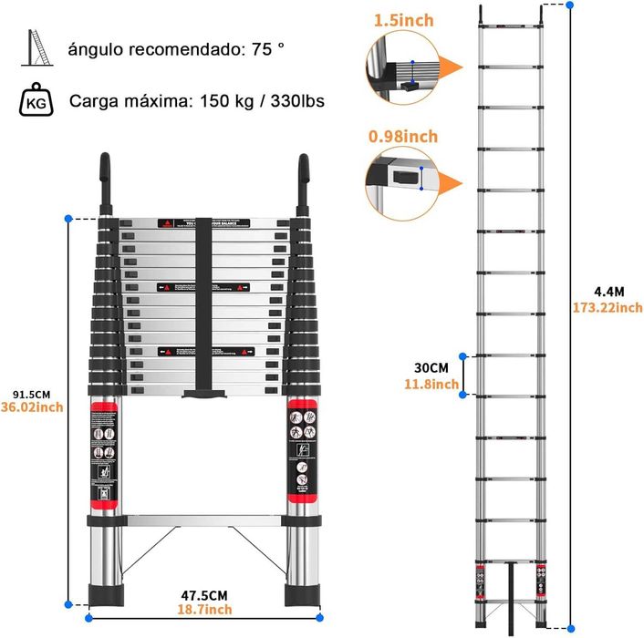 Escada telescópica 4,4 metros aço inoxidável - NOVO - ENVIO GRÁTIS