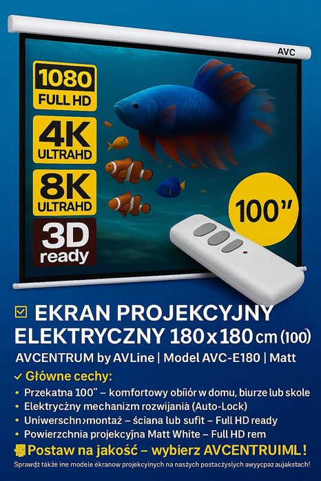 EKRAN PROJEKCYJNY Elektryczny AV-E180 100" 180X180 AVCentrum Bydgoszcz