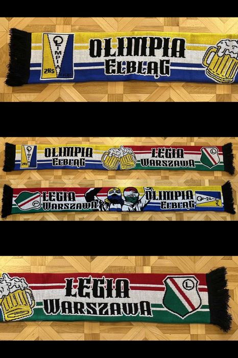 Szalik Legia Warszawa - Olimpia Elbląg, kufle i kibice, dwustronny