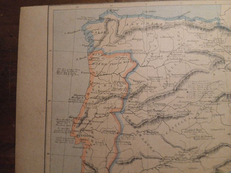 Mapa Peninsula Ibérica para o estudo das Invasões Francesas (Final do Séc XIX, Início do Séc XX)