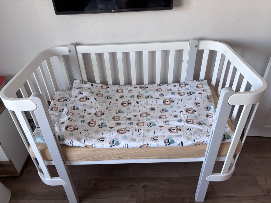 Дитяче ліжко Верес Монако біло сіре+маятник+матрац та постіль