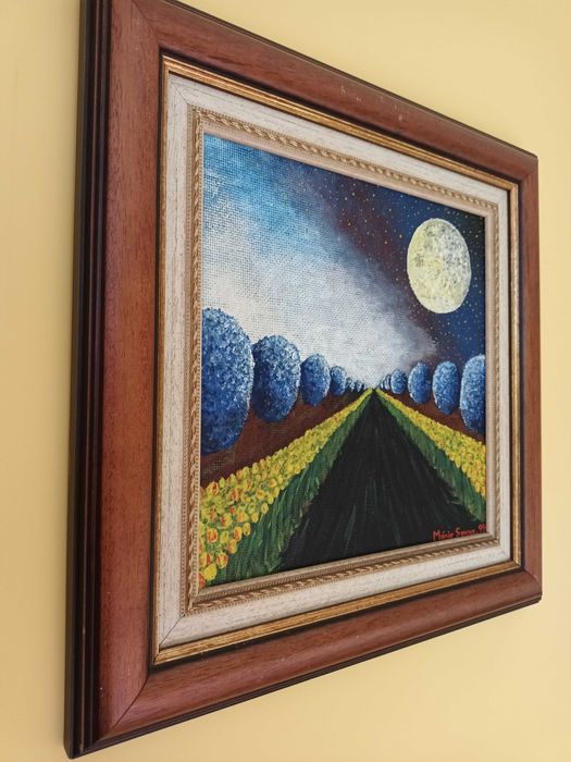 Hortênsias e Tulipas ao Luar: (Óleo sobre platex, 37,2x37,3 cm)