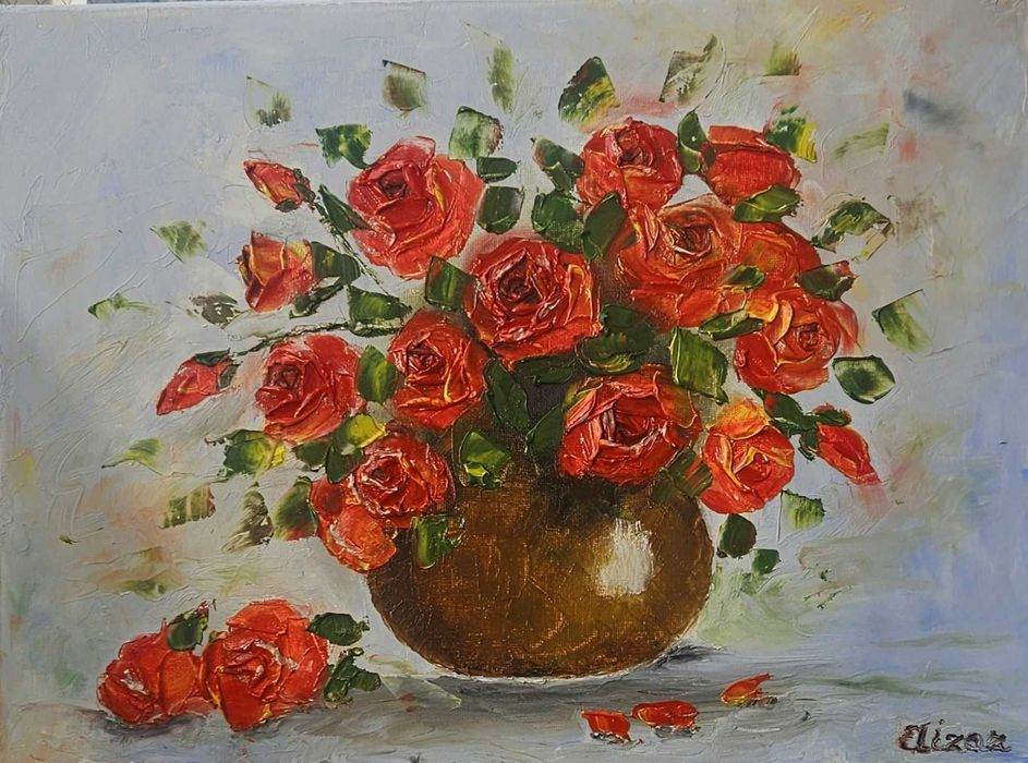 Obraz olejny na płótnie 30 x 40 cm Róże Kwiaty Martwa natura