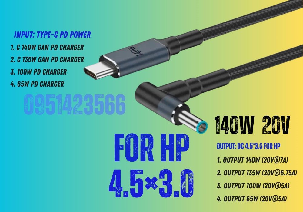 7.4×5.0 Dell, HP 4.5×3.0 ASUS 140W 7A кабель для ноутбука Type-C to DC