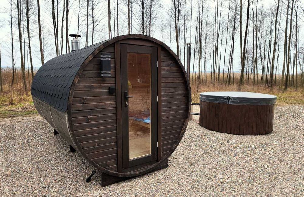 Sauna ogrodowa Beczka 250cm, Ławy + Oparcia Abachi, Szybka Realizacja