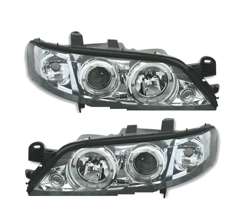 FARÓIS FRONTAIS ANGEL EYES OPEL VECTRA B 95-98 FUNDO CROMADO