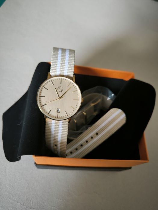 Gentleman Selection zegarek męski beżowy prezent dwa paski datownik