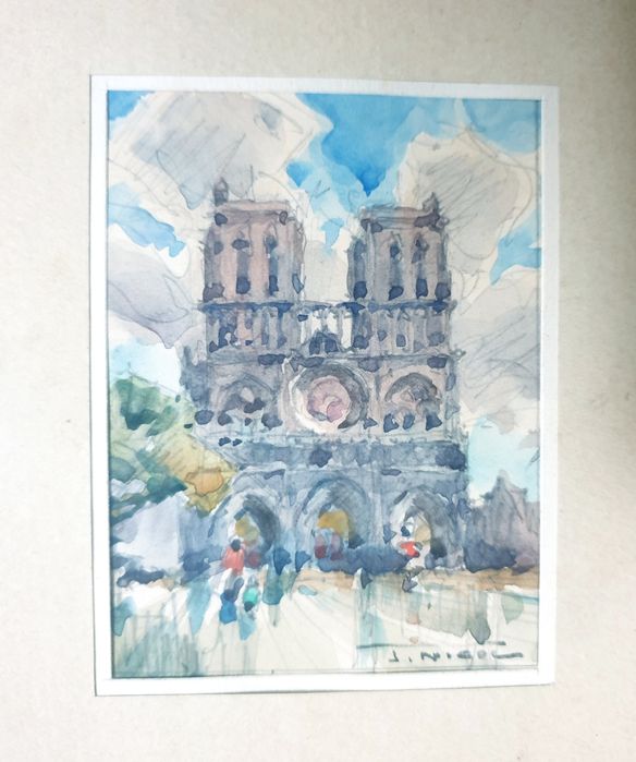 Pequena antiga aquarela assinada - Catedral de Notre Dame