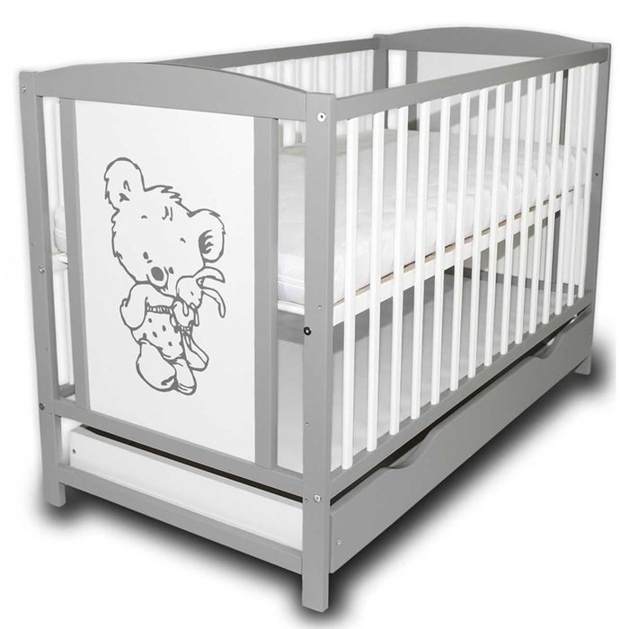 Łóżeczko dziecięce Bajka szara + szuflada + barierka + materac kokos