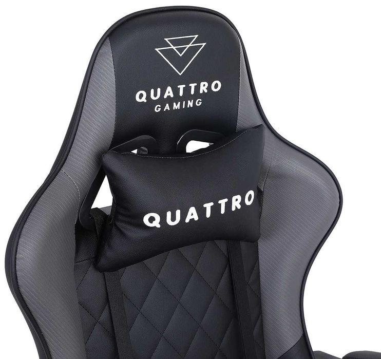 Fotel gamingowy Quattro Gray – Ekskluzywna ekoskóra, szare akcenty, ciche kółka kauczukowe i funkcja relaksu z podnóżkiem.