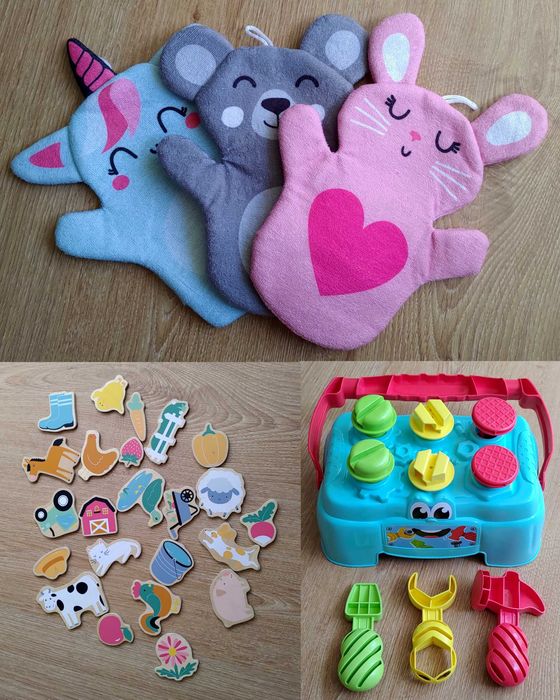 Brinquedos infantis: fantoches, imans (quinta) e caixa de ferramentas