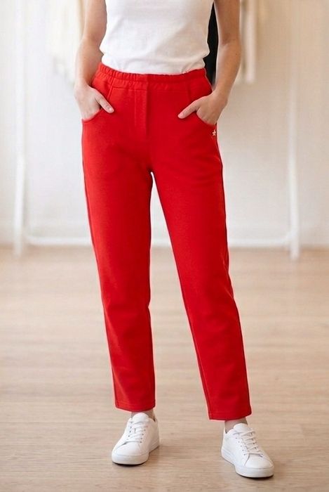 Czerwone spodnie damskie bawełna 100% Włohy Italy Gwiazdka Lampasy M/L