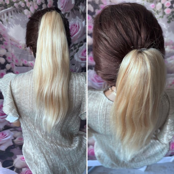 Натуральный хвост шиньон на крабе заколке славянка волосы блонд 45 см