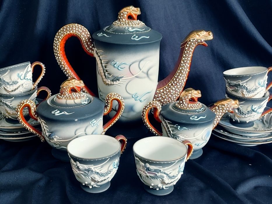 Serwis kawowy litofania GEJSZA Smoki Dragon Japoński vintage retro