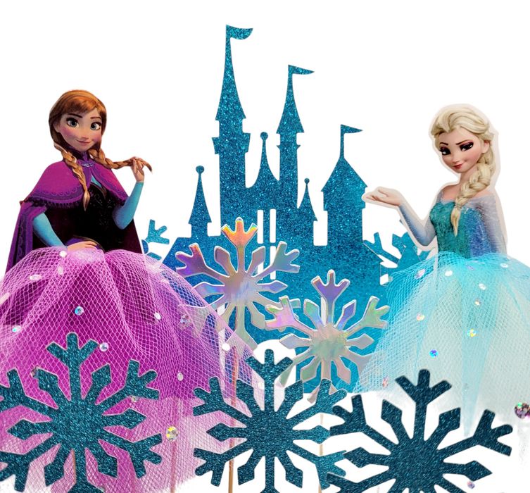 Topper ELZA i Anna+5szt ŚNIEŻYNKI+ ZAMEK Kraina Lodu