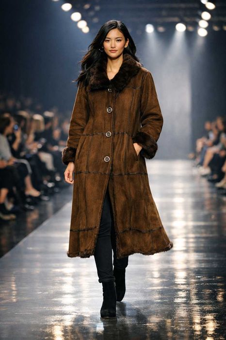 Casaco longo de Shearling marrom com gola e punhos em pele – Modelo feminino – Tamanho L/XL