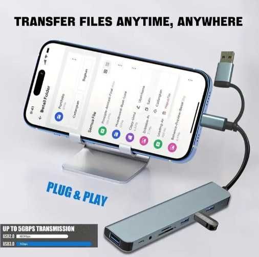 USB HUB адаптер 8 в 1 концентратор розгалужувач 4 USB/Type-C/SD/TF/AUX
