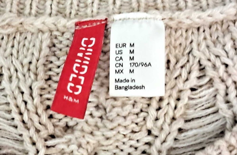 Sweter H&M z wełną M oversize beż ecru warkocze